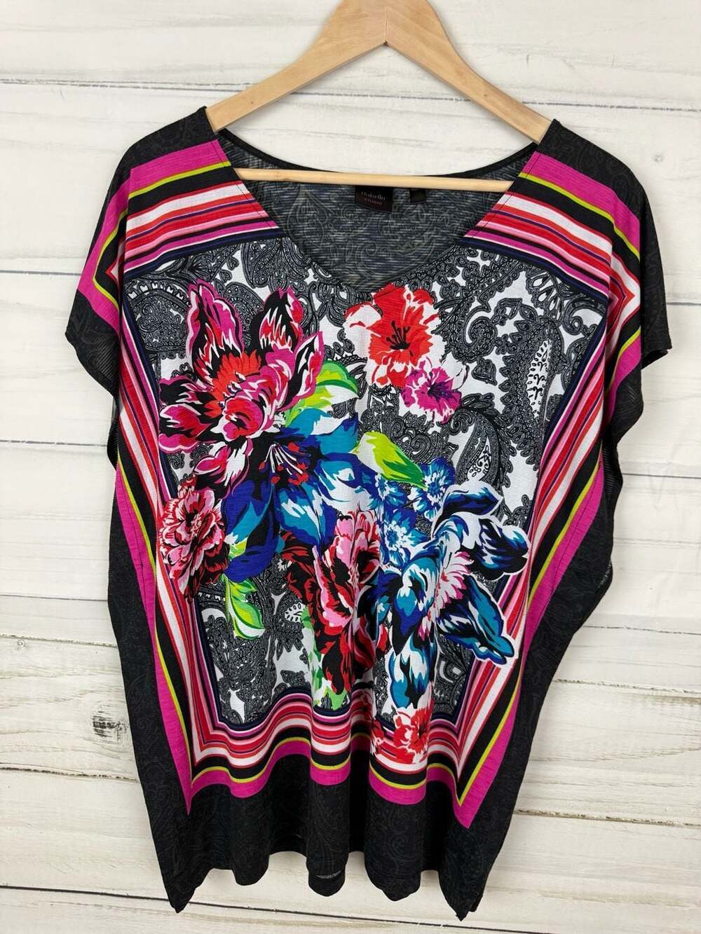 Rafaella Studio Women's Floral Paisley Print V-Neck Dolman Sleeve Blouse Size XL